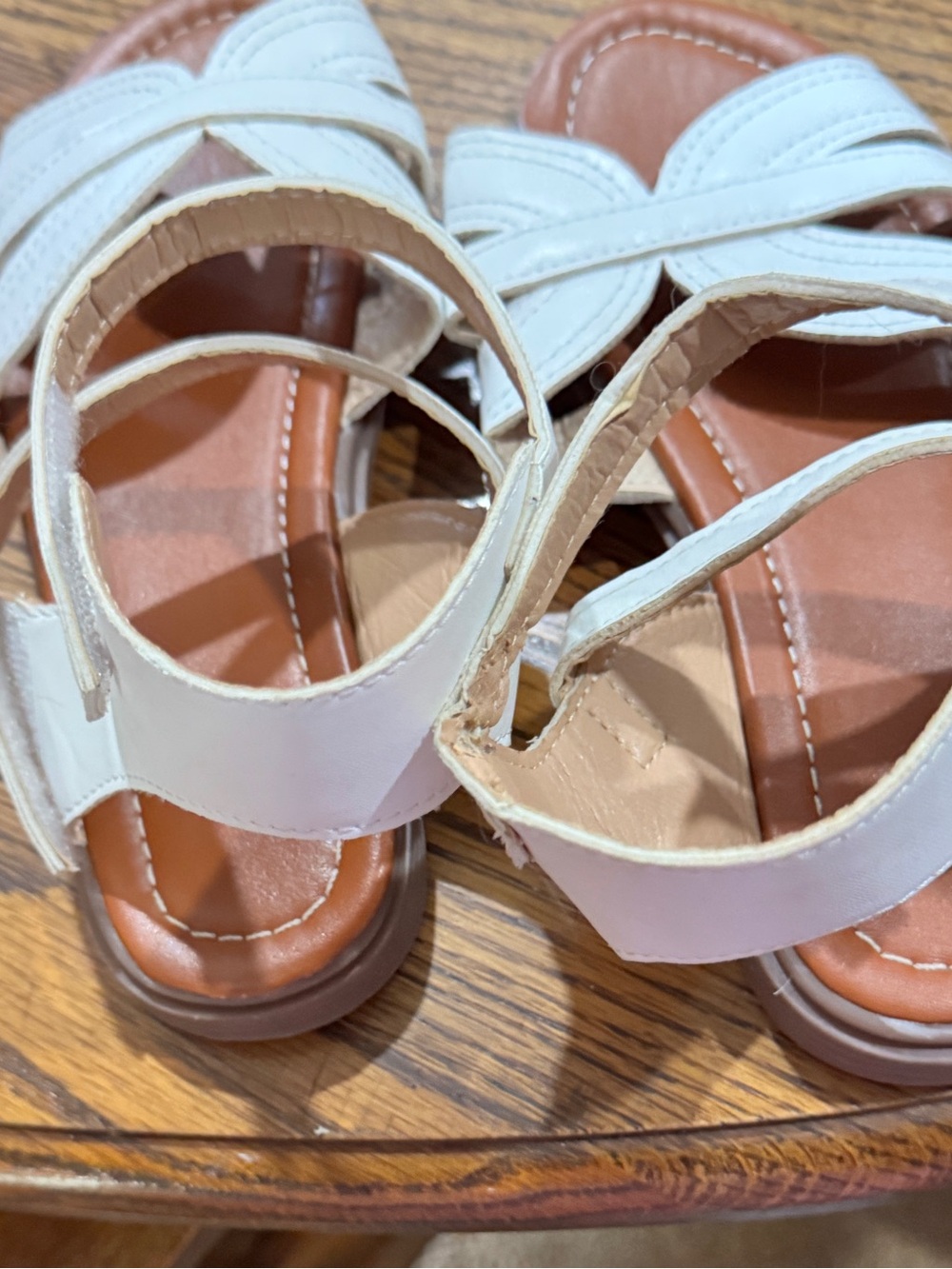 Girls White Strappy Sandals with Brown Footbed - Secure Hook & Loop Fit